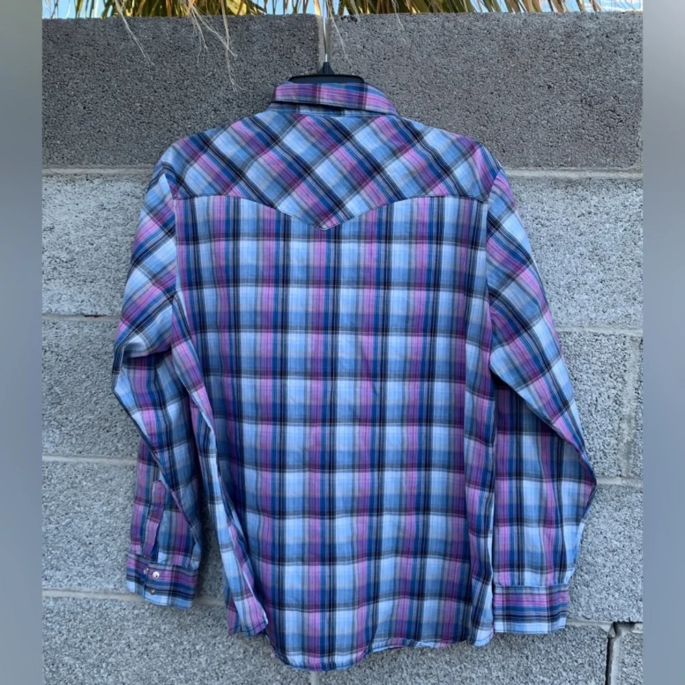 Wrangler Pearl Snap Shirt Plaid Long Sleeve Purple Pink Blue Western Cowgirl XL - Picture 4 of 7